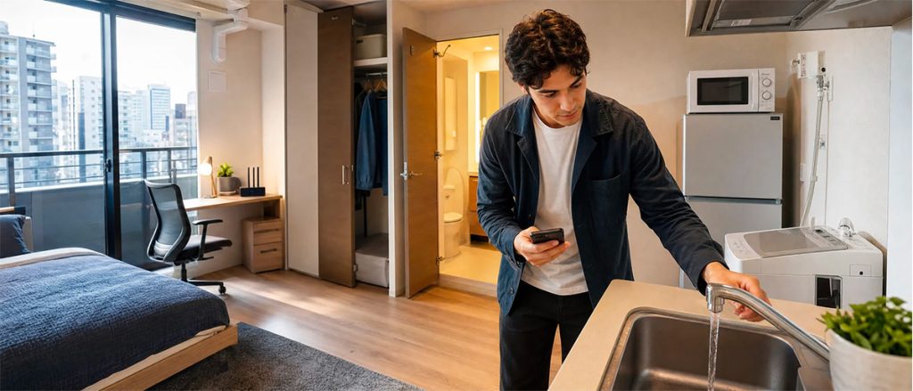 International student inspecting a furnished apartment in Japan before signing a lease, using an apartment viewing checklist.
