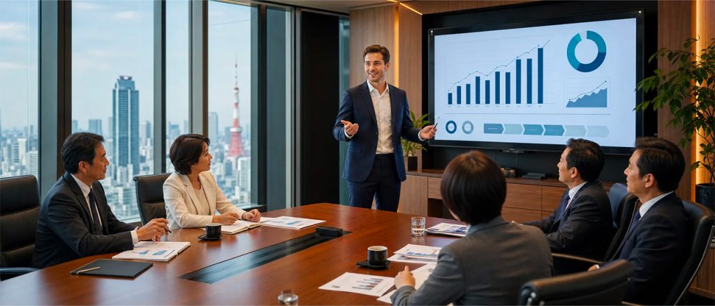 Entrepreneur presenting a startup business plan to investors after applying for a Business Manager Visa in Japan.