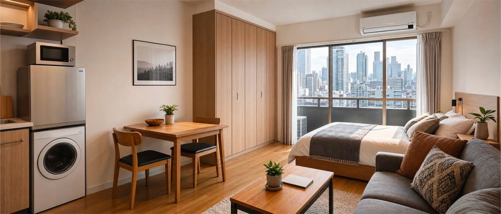 Foreign student enjoying a comfortable furnished apartment in Japan with a modern living room and fully equipped interior.
