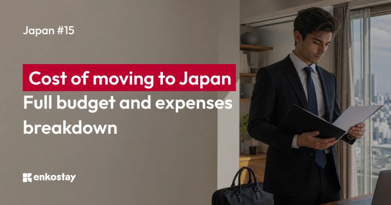 Foreigner preparing to move to Japan with luggage and relocation documents in a modern apartment