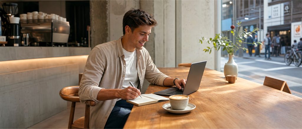 Digital nomad working remotely from a trendy café in Tokyo with a Japan Digital Nomad Visa.