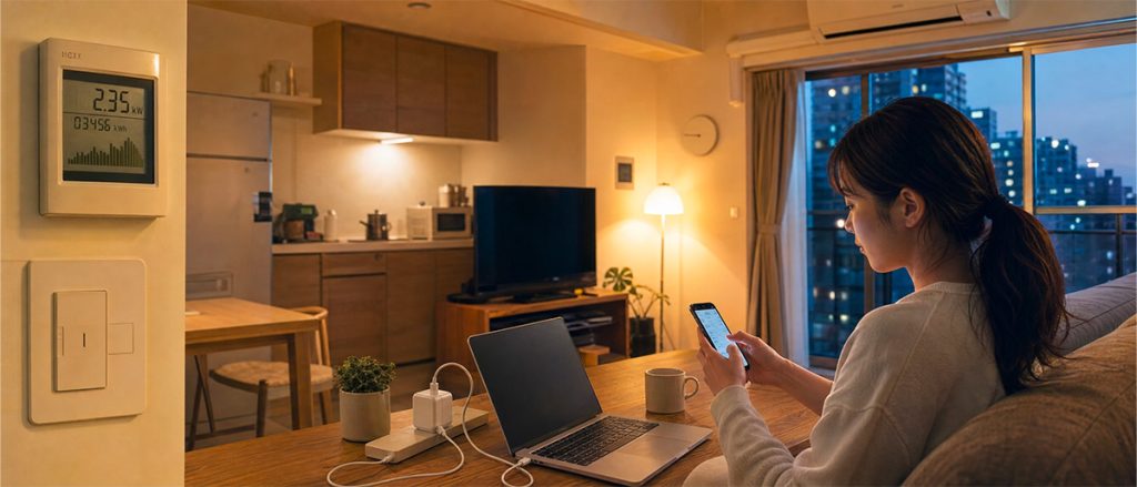 Electricity cost in Japan guide showing energy bills and electricity usage in a Japanese apartment for foreigners