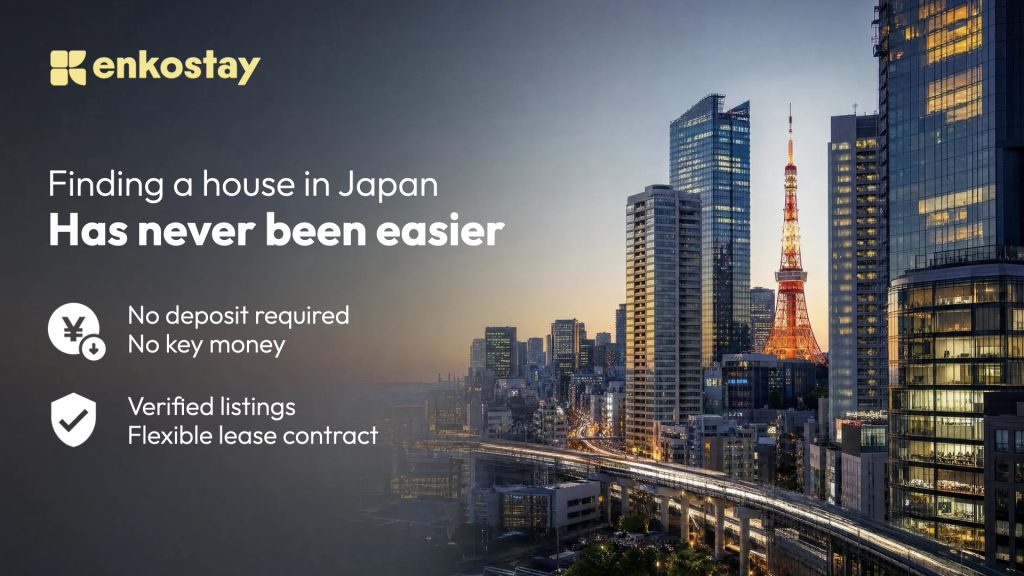 Enkostay platform helping foreigners find furnished apartments and rental homes in Japan with verified listings, no deposit or key money required and flexible lease options.