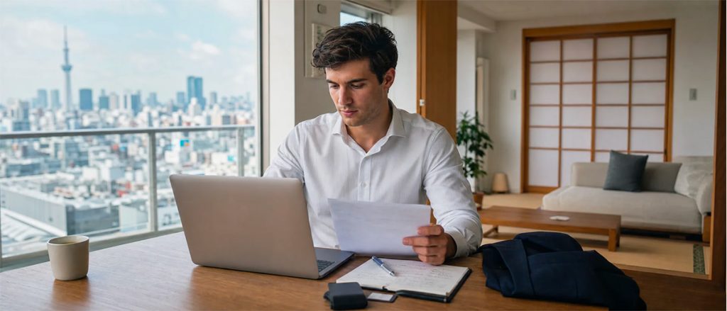 Foreign professional preparing for a job interview in Japan before starting a career in Tokyo