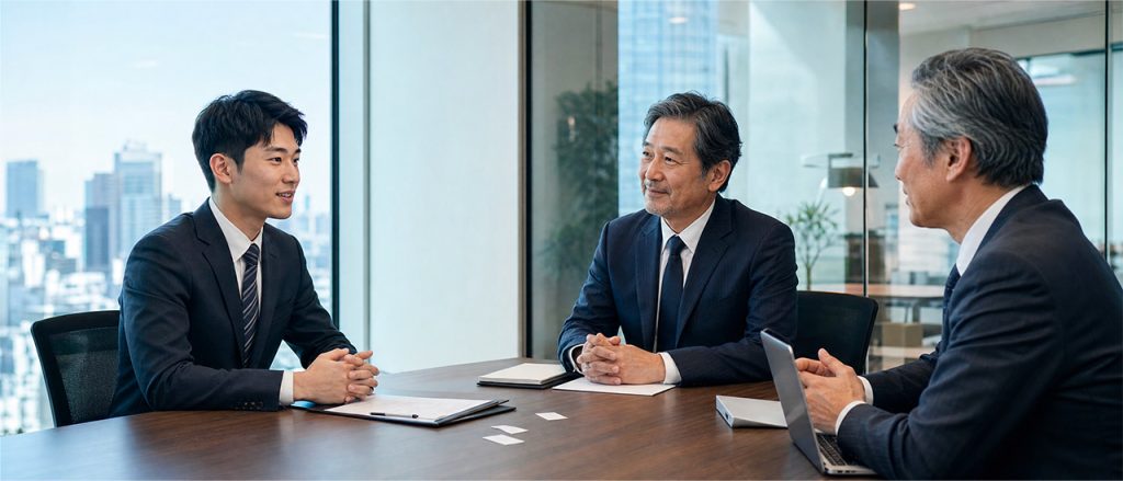 Young Korean professional attending a job interview at a Japanese company in Tokyo