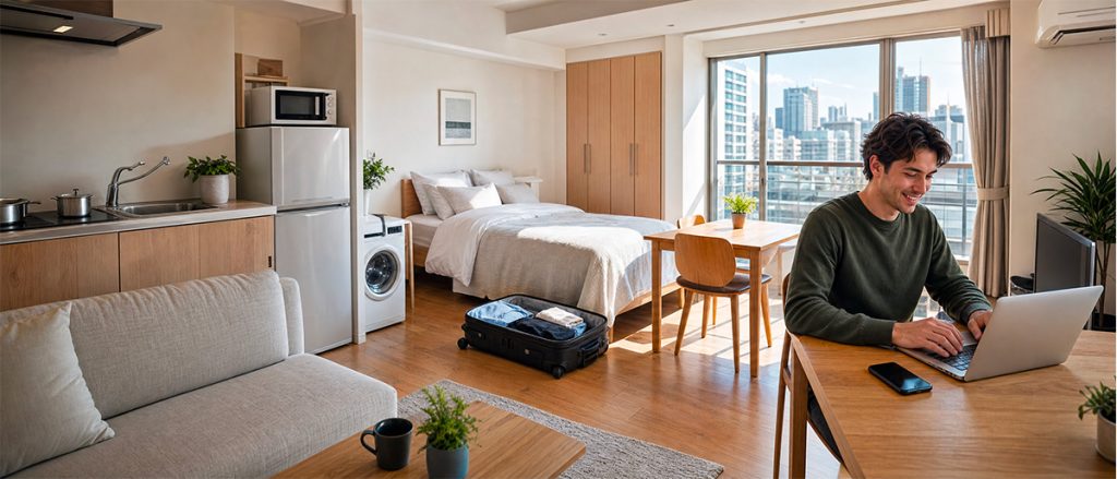 Furnished apartments in Japan for foreigners featuring a modern fully furnished studio with a young international resident settling into their new home.