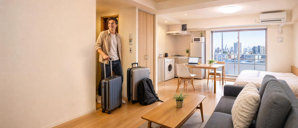 International student moving into a furnished apartment in Japan with luggage in a modern move-in-ready studio.