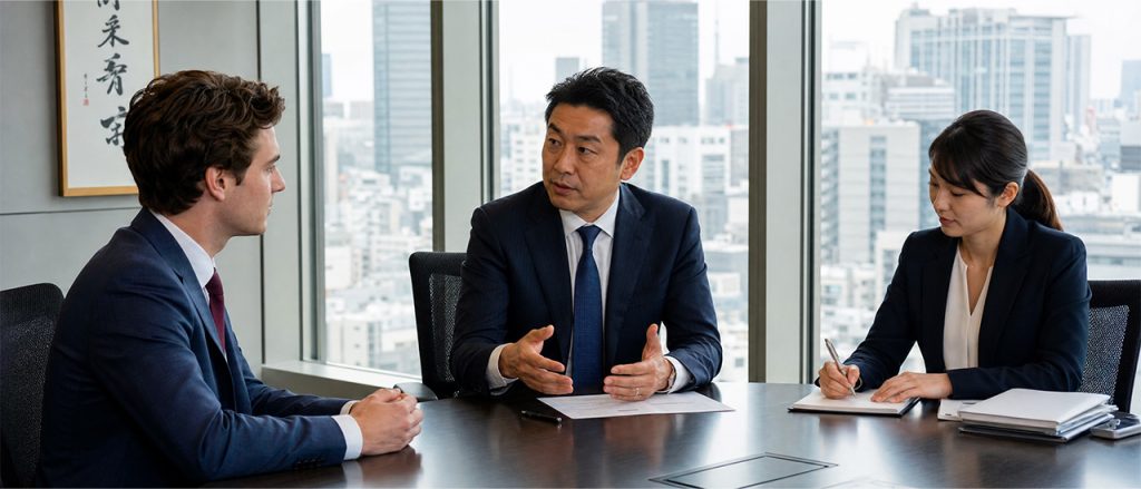 Young professionals working in Japan in a modern Tokyo office with the city skyline in the background.