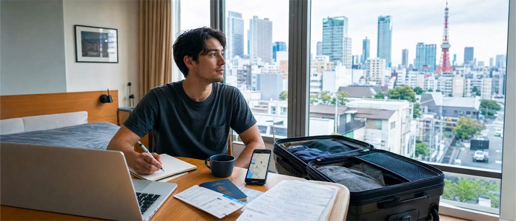 Cost of moving to Japan budget planning with a foreigner reviewing relocation expenses and documents