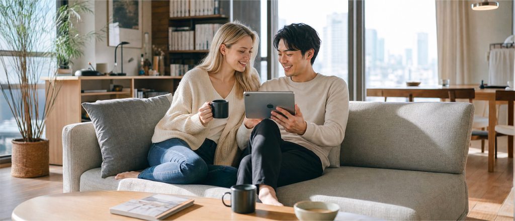 Married couple enjoying life together in their modern Tokyo apartment after obtaining a Japan Spouse Visa.