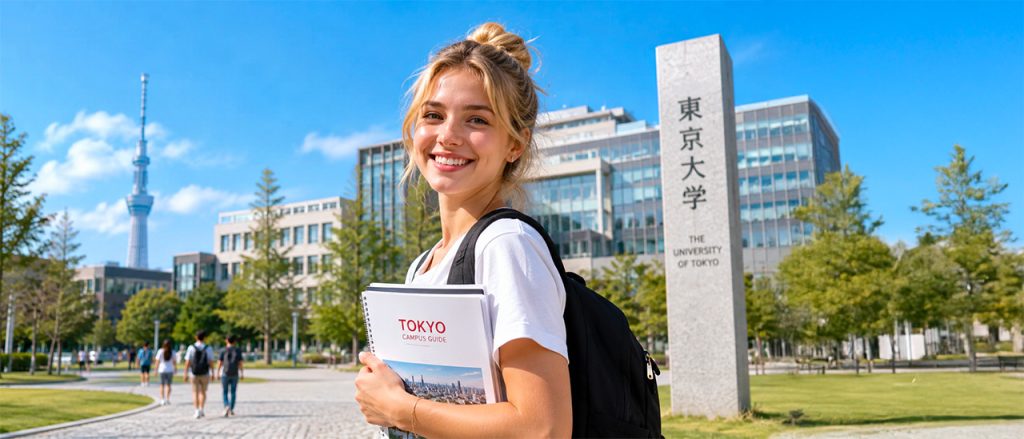 Happy international student on a university campus in Tokyo after obtaining a Japan Student Visa to study in Japan.