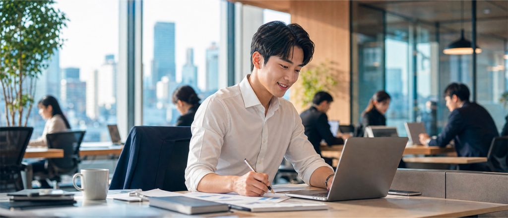 Young professional working in a modern office in Tokyo after obtaining a Japan Work Visa