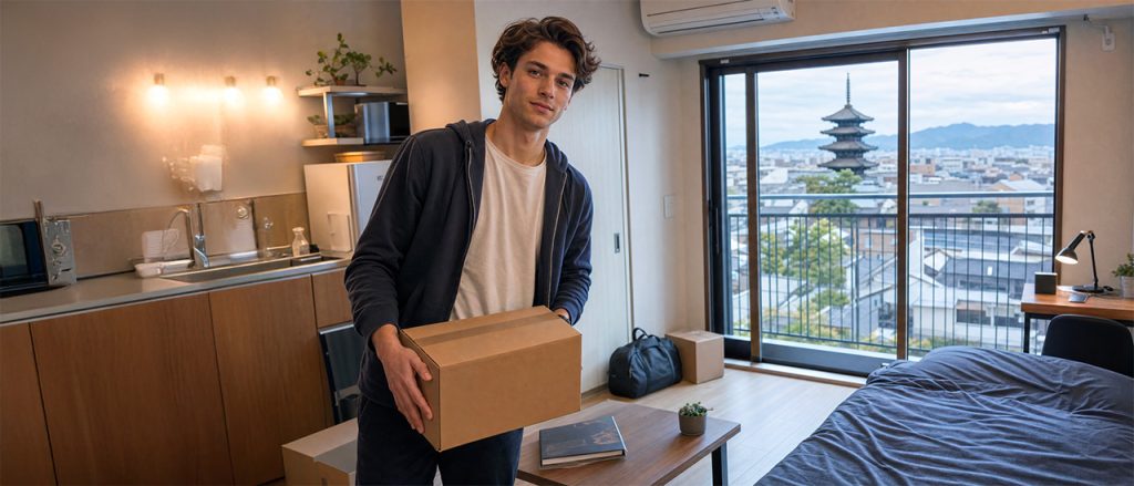 Young international student moving to Japan as a foreigner while settling into a modern furnished apartment with no deposit with an incredible and iconic Kyoto city view.