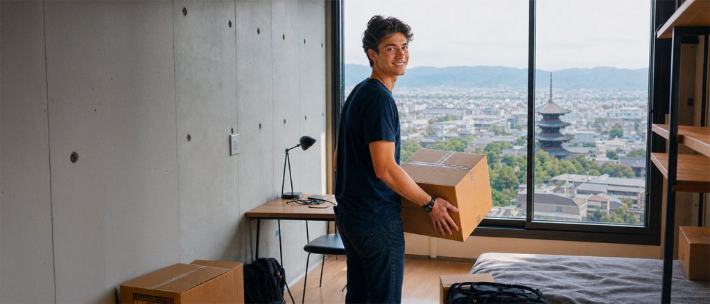 Young international student moving to Japan as a foreigner while settling into a modern furnished apartment with an iconic Kyoto city view.