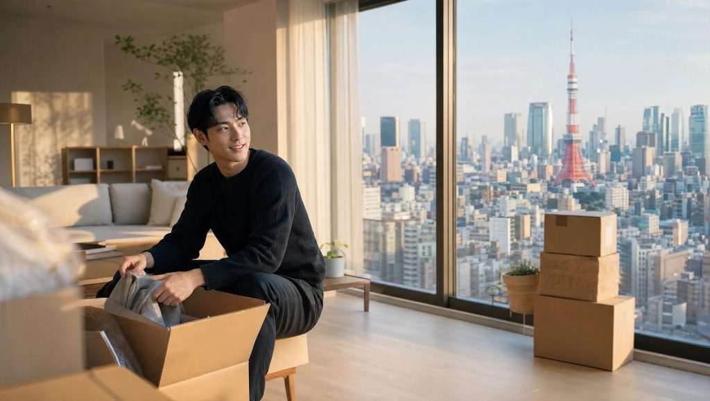 Foreigner moving into a furnished apartment in Tokyo, Japan with packed boxes and a view of Tokyo Tower, illustrating an easy move-in process with Enkostay in Japan.