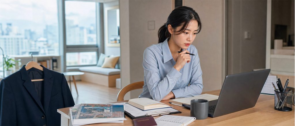 Young Korean professional preparing for a job interview in Japan before starting a career abroad