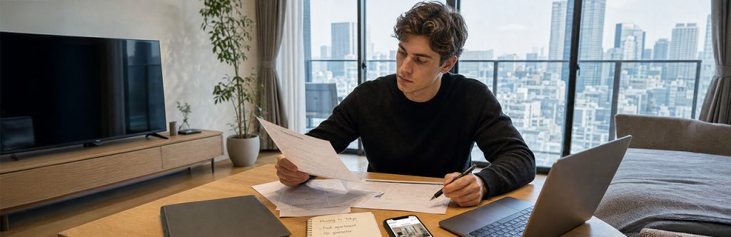 foreigner reviewing rental documents to rent an apartment in Japan without a guarantor