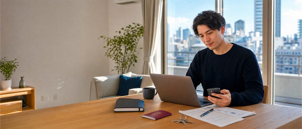 Foreigner reviewing rental documents to rent an apartment in Japan without income history