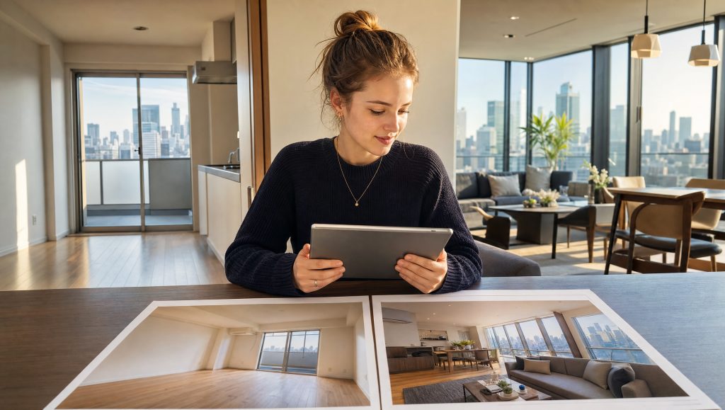 Foreigner Student comparing the cost of a traditional unfurnished apartment and a premium furnished apartment in Tokyo before choosing a rental in Japan.