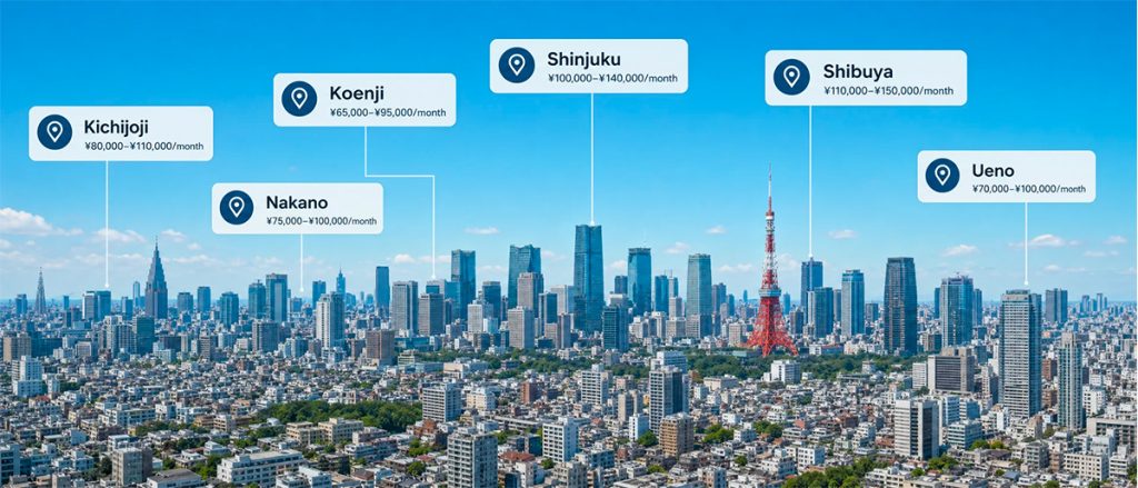 Tokyo apartment rent prices by neighborhood showing average monthly rent in Tokyo areas such as Shibuya, Shinjuku, Nakano, and Ueno