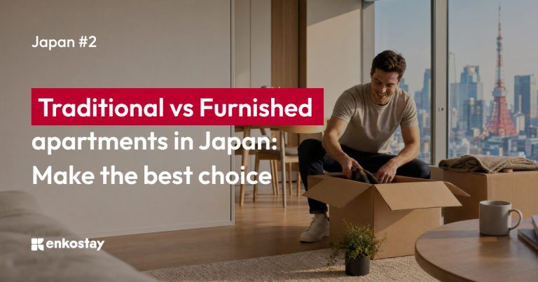 Young man moving into a furnished apartments in Japan, Japan, comparing traditional and furnished apartments for foreigners relocating to Japan.