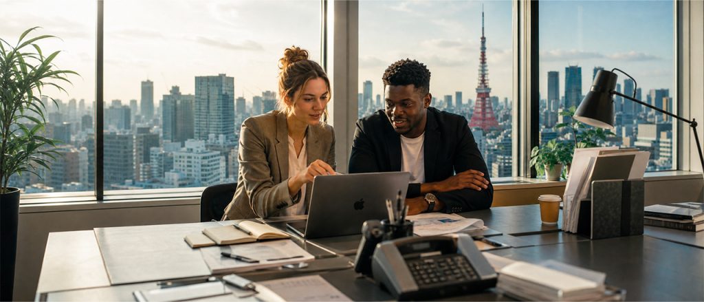 Two young professionals work in Japan at a modern office in Tokyo with an iconic city skyline in the background.