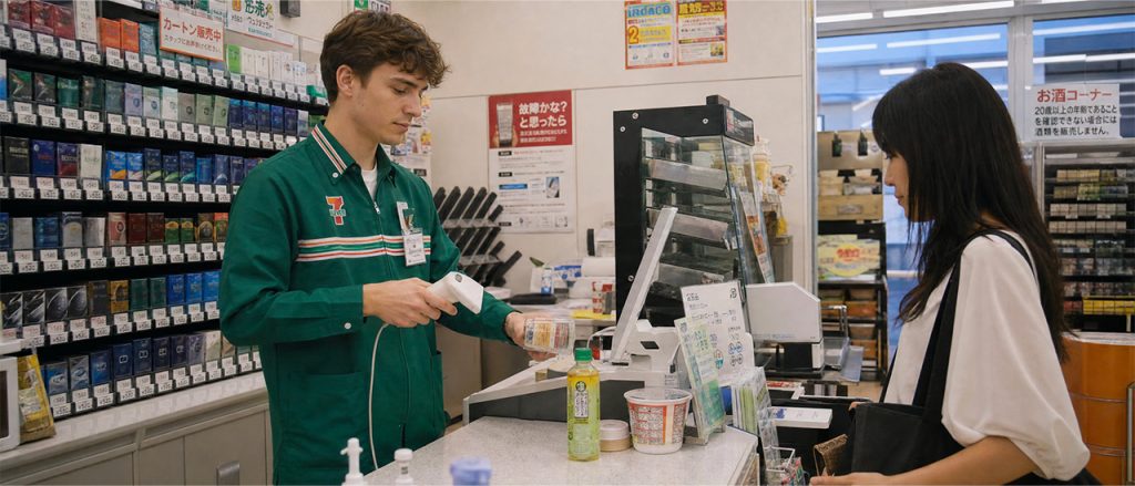 International student working part-time in a convenience store in Japan.