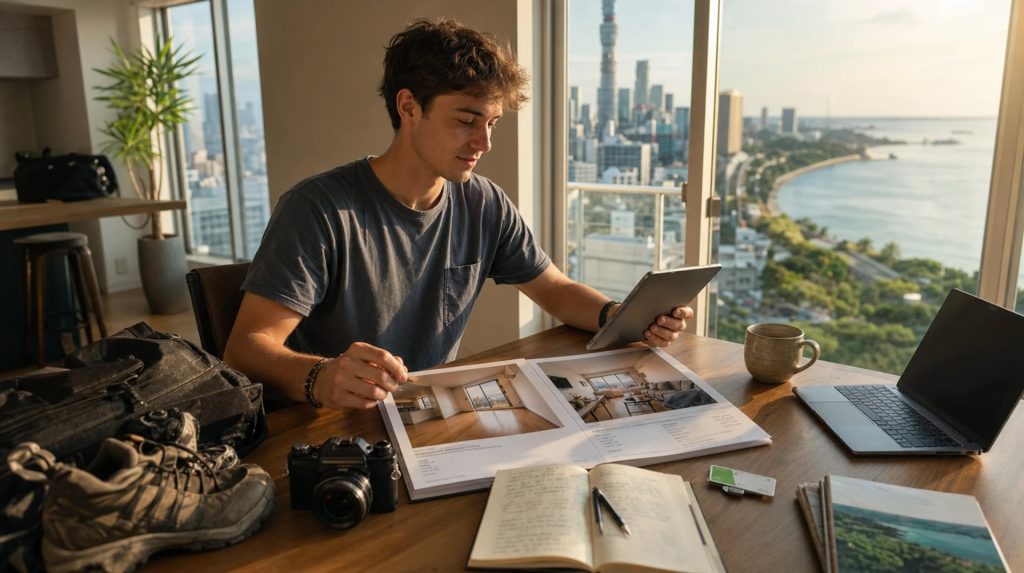 Foreigner Working Holiday traveler comparing a traditional unfurnished apartment and a furnished studio in Japan before moving